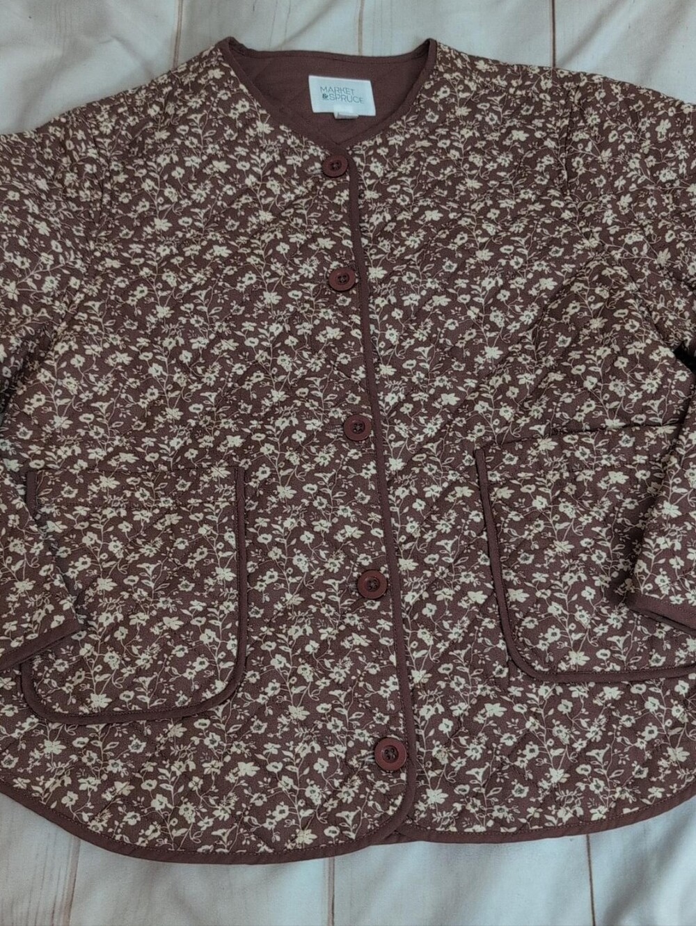 Market & Spruce Floral Quilted Jacket L Brown Cottagecore Button Front Cotton